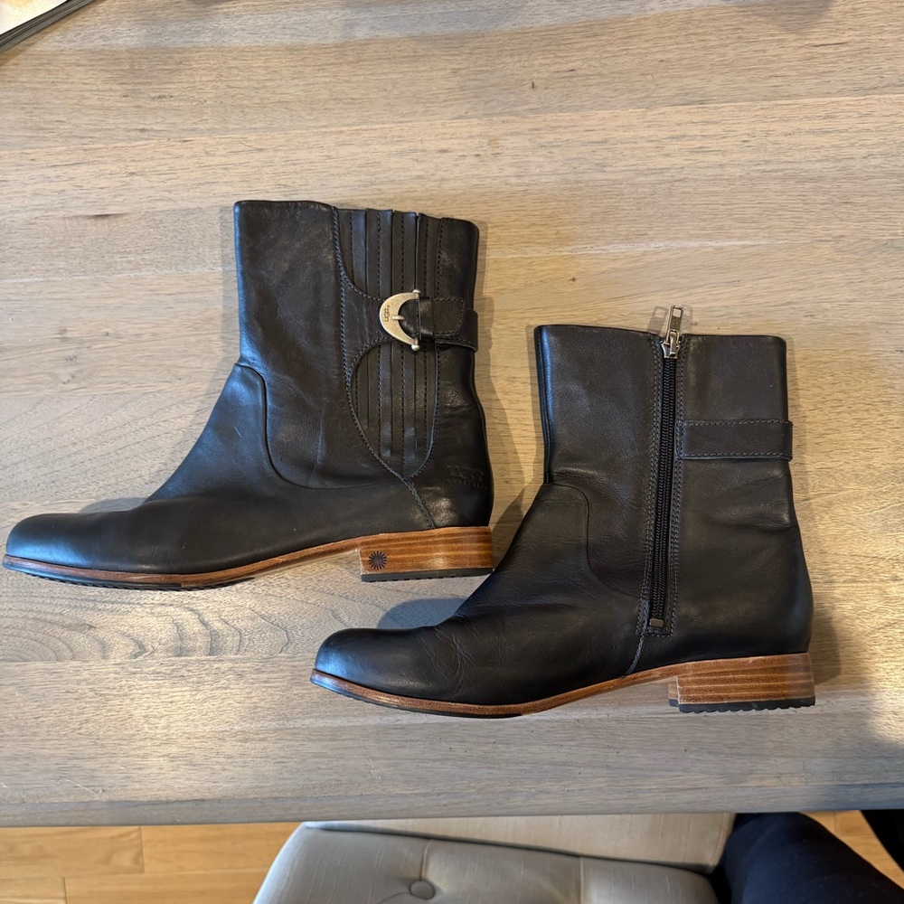 UGG Black Leather Ankle Boots with Brown Stacked Heel